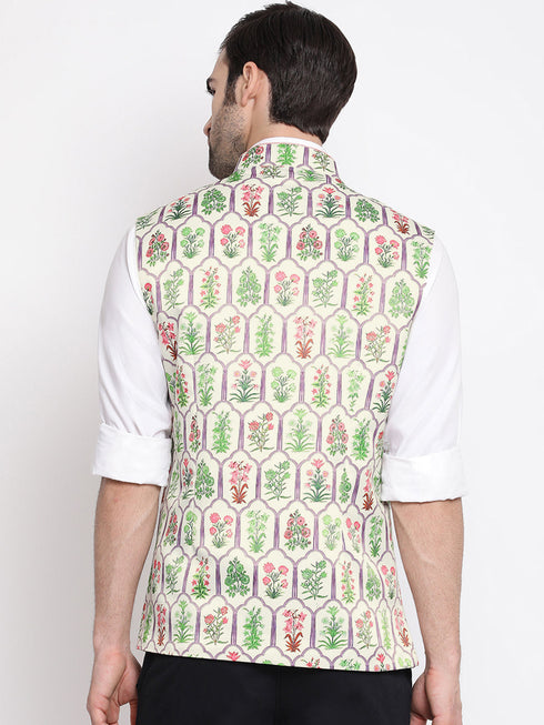 Vastramay Men's Cream Digital Floral Printed Royal Nehru Jacket